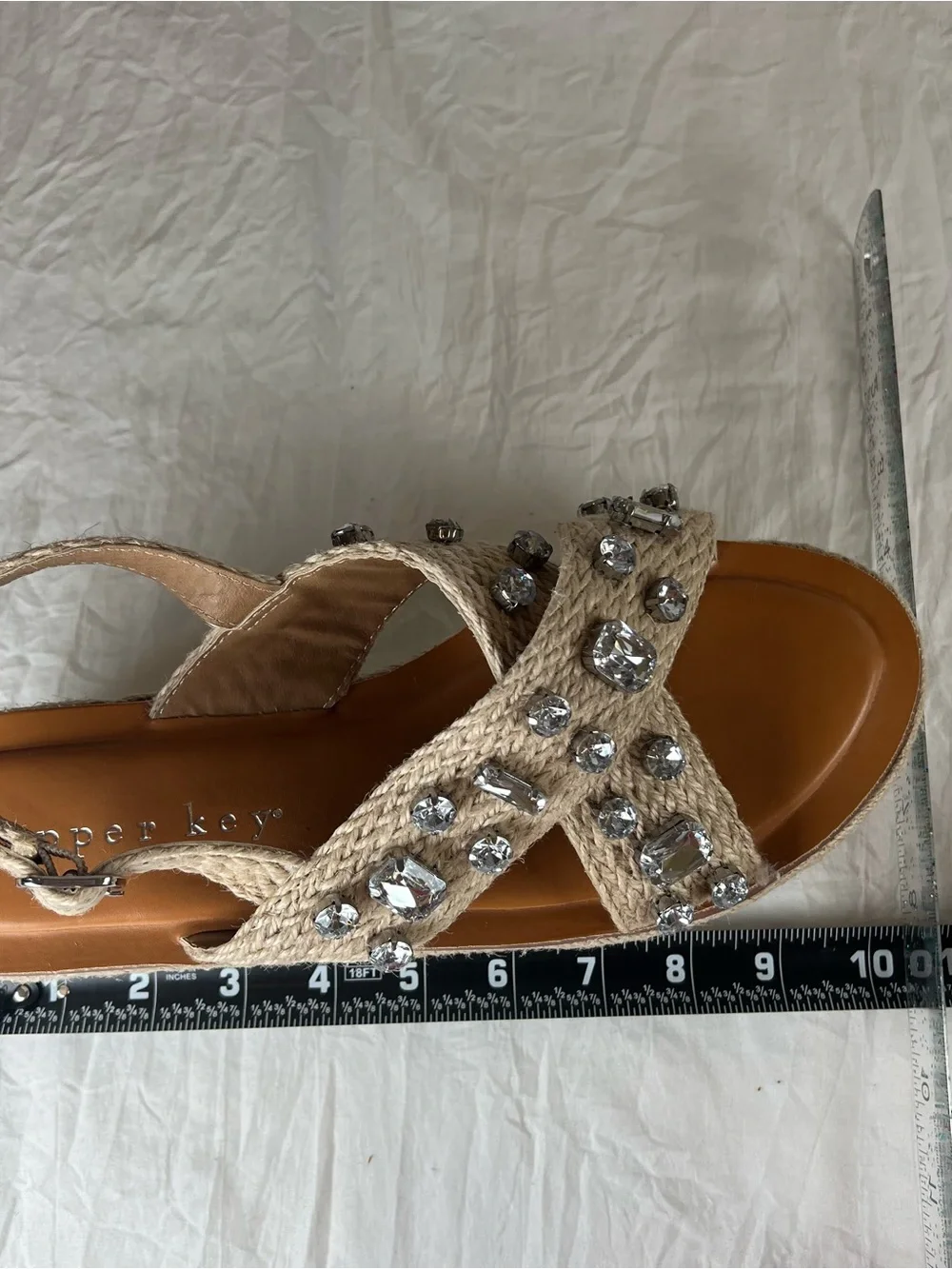 Copper Key Woven Strap Natural Beige Jeweled Platform Espadrille Sandals sz9.5